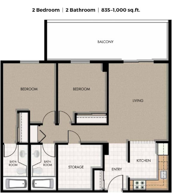 A floor plan of a 2 bedroom, 2 bathroom apartment sized 835-1,000 sq.ft.