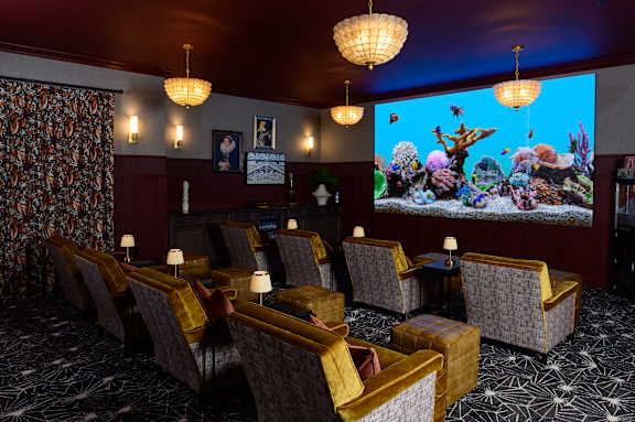 A room with a row of chairs facing a large aquarium.