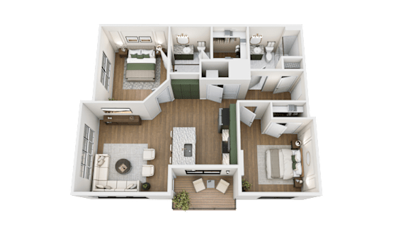 A top-down view of a two-bedroom apartment with a living room, kitchen, and bathroom.
