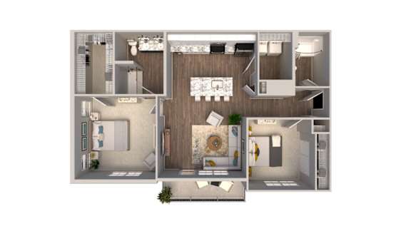 A floor plan of a house with a kitchen, living room, and two bedrooms.
