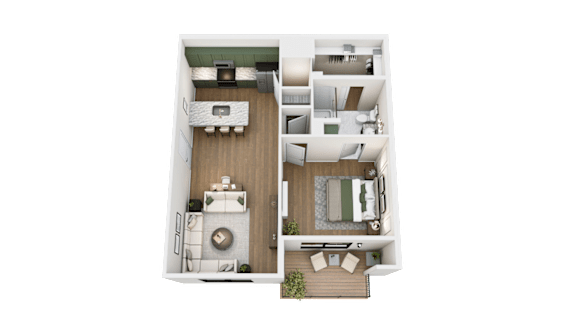 A top-down view of a house layout with a living room, kitchen, dining area, and bedrooms.