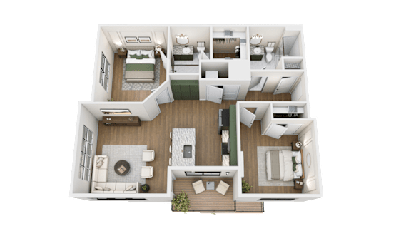 A top-down view of a modern apartment layout with a living room, kitchen, dining area, and bedrooms.