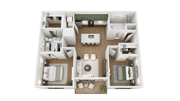 A top-down view of a modern apartment layout with a central living area and bedrooms.