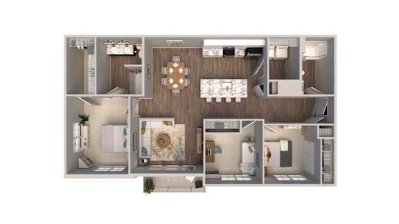 A floor plan of a house with a kitchen, living room, and bathroom.