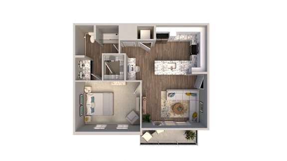 A 3D floor plan of a house with a kitchen, living room, and bathroom.