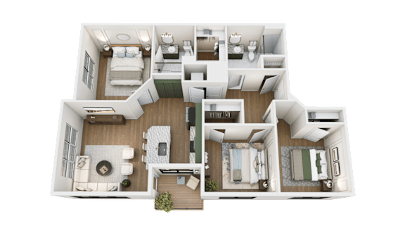 A top-down view of a house layout with multiple rooms and furniture.