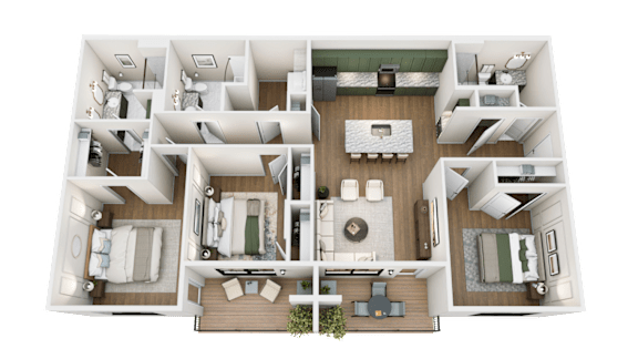 A top-down view of a modern house layout with a central open-plan living area.