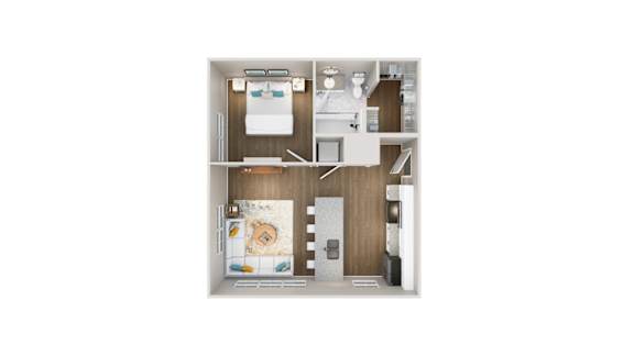 Floor Plan  A small white kitchen with a fridge, sink, and cabinets.
