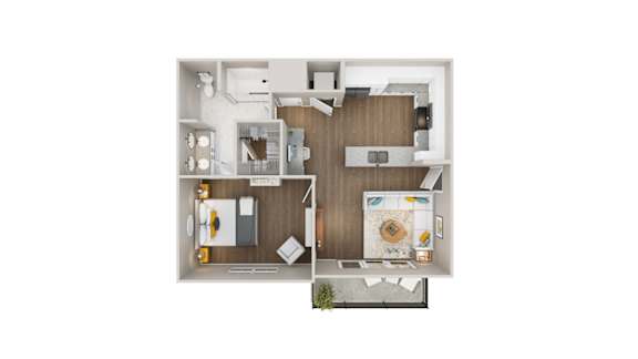 Floor Plan  A floor plan of a house with a kitchen, living room, and two bedrooms.