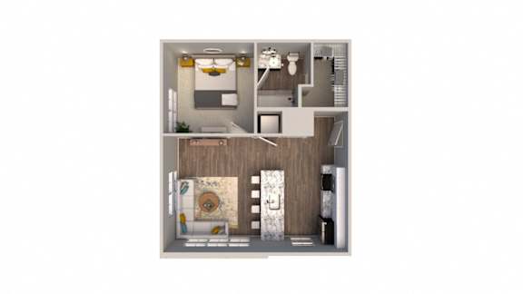 A drawing of a house with a kitchen, living room, and bathroom.