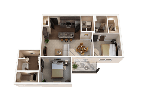 a 3d rendered floor plan of a one bedroom apartment