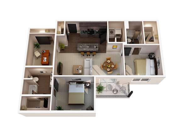 A top-down view of a small apartment layout with a kitchen, living room, and bedroom.