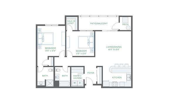 A floor plan of a house with two bedrooms, a living area, a kitchen, a bathroom, a foyer, a patio, a balcony, a walk-in closet, and a mech.