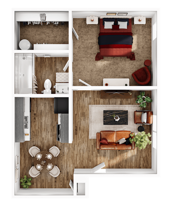 A top-down view of a living room, kitchen, and dining area.