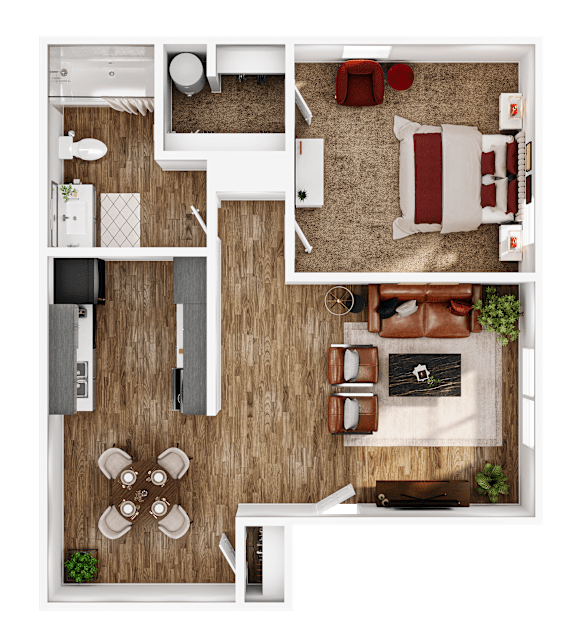 A top-down view of a living room with a couch, chairs, and a coffee table.