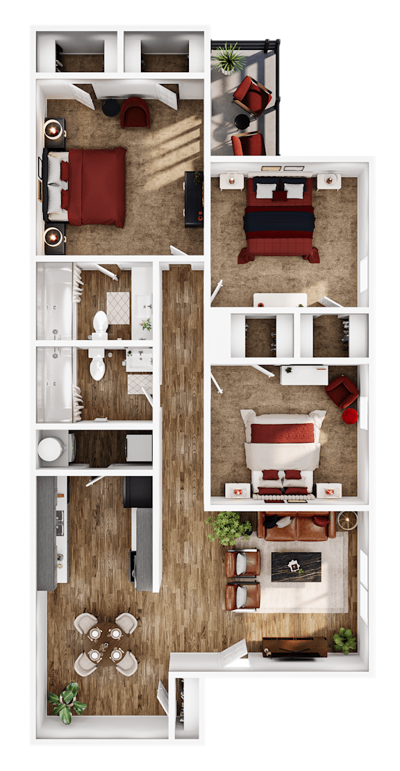 A floor plan of a house with a living room, kitchen, dining room, and bedrooms.