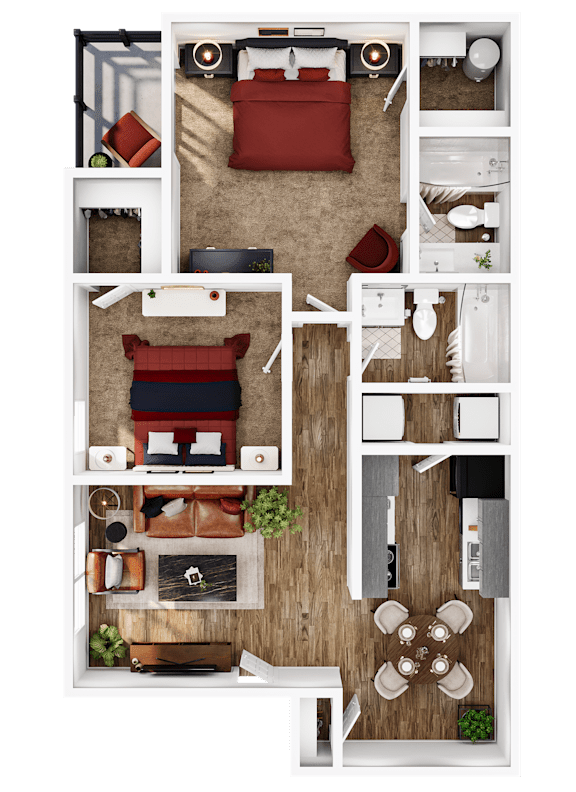 A top-down view of a living room with a couch, coffee table, and kitchen area.