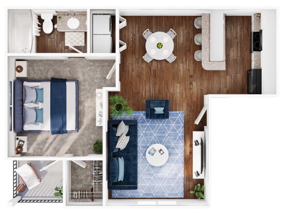 a stylized floor plan of a house with a bedroom and a living room