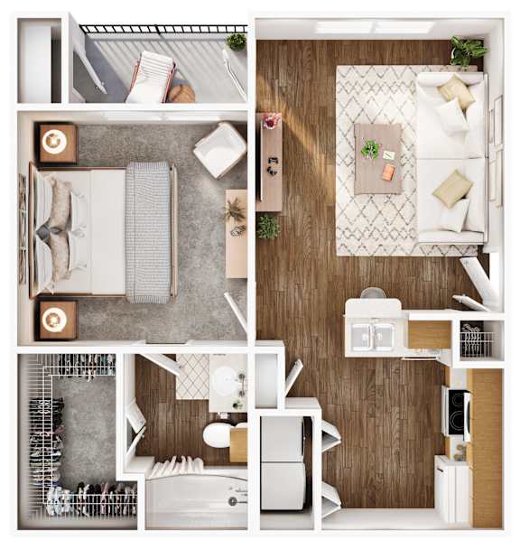 A series of images showing different views of a modern, minimalist bedroom and bathroom.