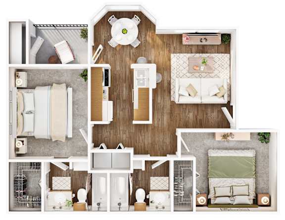 A top-down view of a small apartment layout with a kitchen, living room, and bathroom.