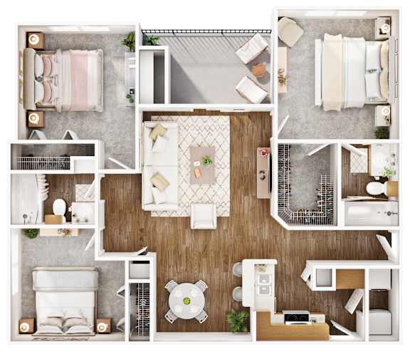 A top-down view of a well-organized apartment with a living room, kitchen, and bedroom.