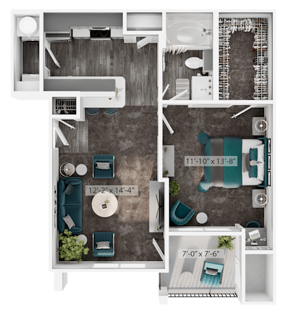 1 Bed 1 Bath Floorplan B at Silverleaf Apartments, Ft Worth, TX