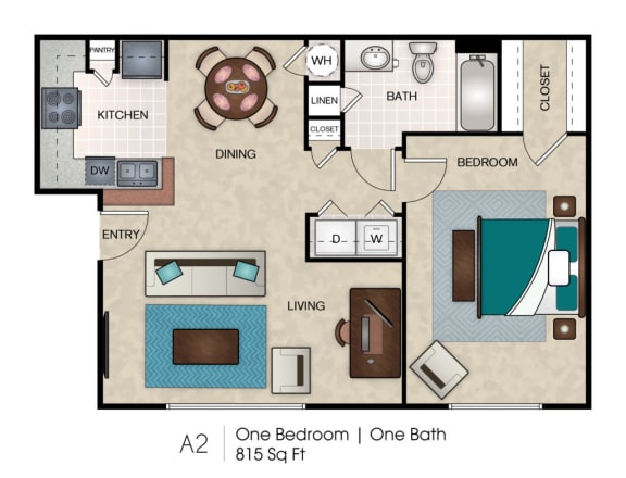 Floor Plan  A2 One Bedroom, One Bath Floorplan at Waters at Elm Creek, San Antonio, TX 78230