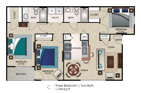 Floor Plan  C1 Three Bedroom, Two Bath Floorplan at Waters at Elm Creek, San Antonio, 78230