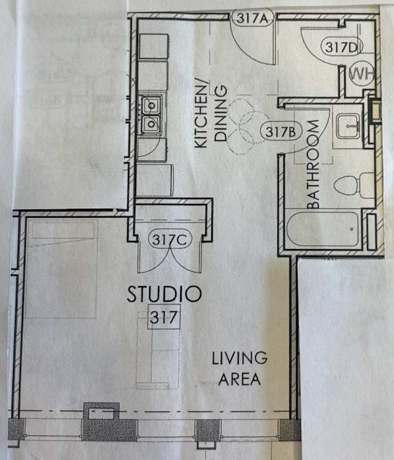 a drawing of a floor plan for a studio apartment