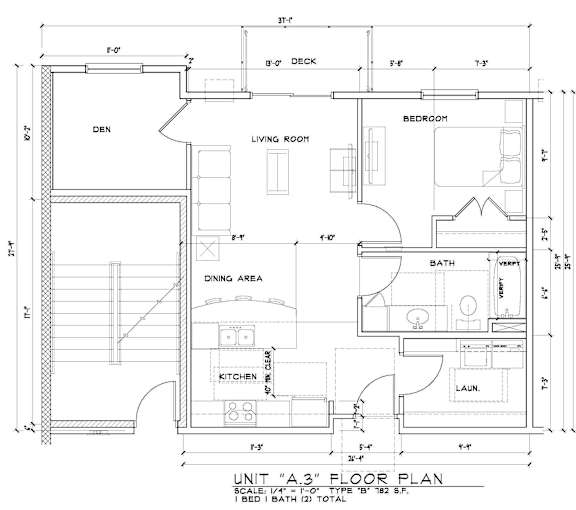 A drawing of a floor plan for a unit with a bed and bath.