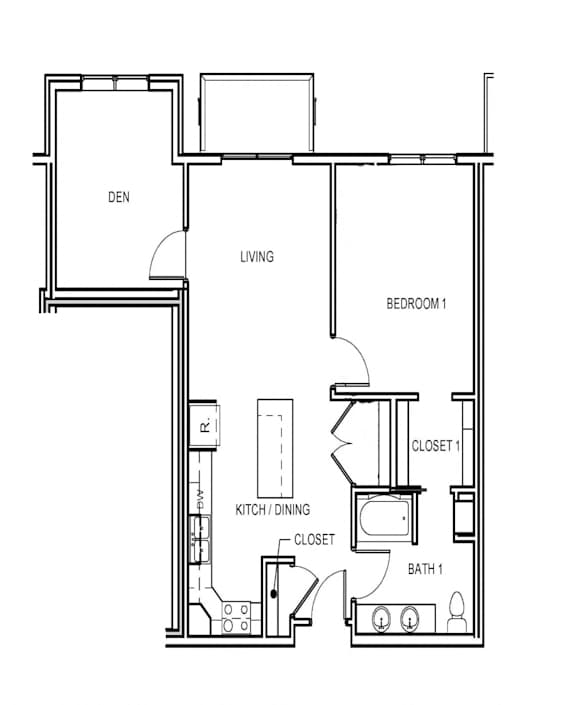 A floor plan of a small apartment with a den, living room, and two closets.