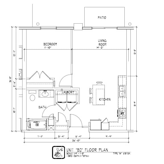 A floor plan of a unit B2 shows the layout of a bedroom, living room, kitchen, bathroom, and laundry area.