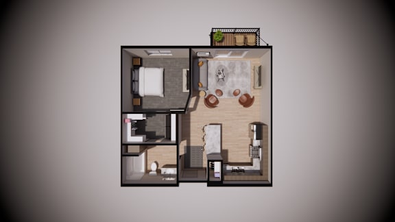 A 3D floor plan of a small apartment with a kitchen, living room, and bathroom.
