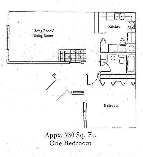 A floor plan of a one bedroom apartment is shown.