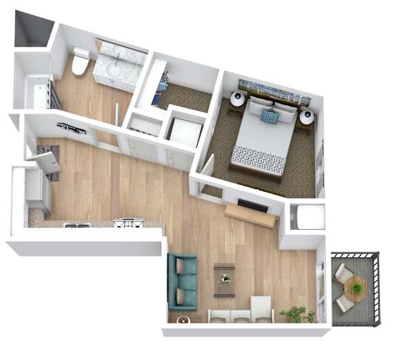A top down view of a house interior with a kitchen, living room, and bathroom.