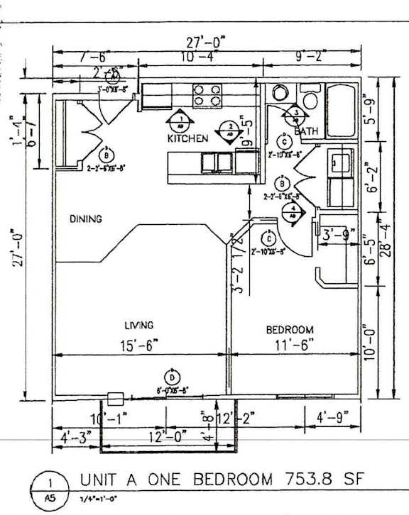 A drawing of a one bedroom apartment layout.