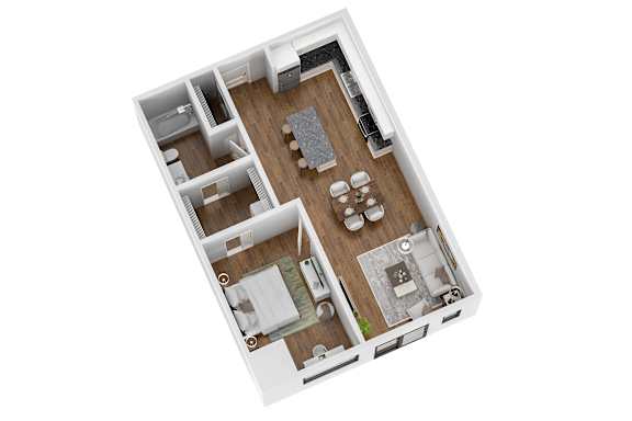 A top-down view of a house layout with a kitchen, living room, and dining area.