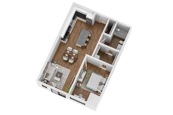 A top-down view of a house layout with a kitchen, living room, and two bedrooms.