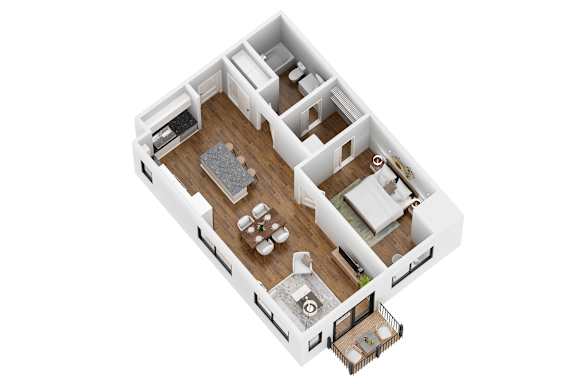 A top down view of a house layout with a kitchen, living room, and two bedrooms.