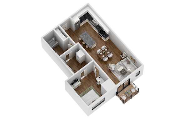 A 3D floor plan of a house with two bedrooms, a living room, a kitchen, and a bathroom.