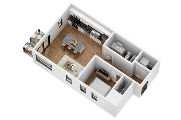 A top down view of a house layout with a dining table and chairs.