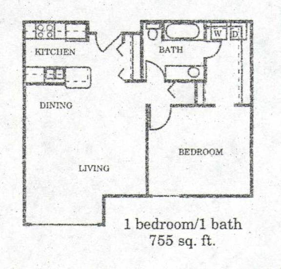 A drawing of a house layout with one bedroom and one bath.