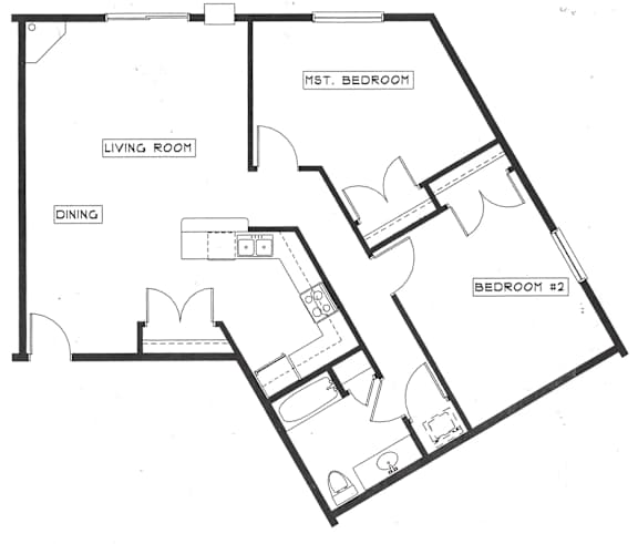 A black and white image of a floor plan for a house with a living room, dining room, and two bedrooms.