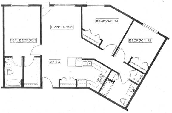 A black and white image of a floor plan for a house with three bedrooms.