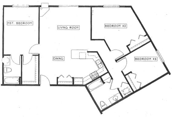 A black and white image of a house floor plan with a master bedroom, living room, dining room, and three additional bedrooms.
