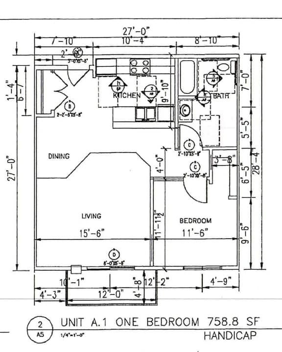 A floor plan for a handicap unit in a building.