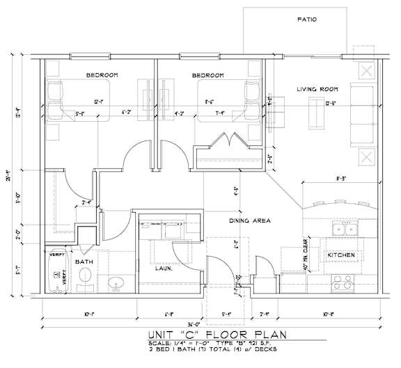 A black and white image of a floor plan for a unit with a living room, dining area, kitchen, two bedrooms, a bathroom, and a patio.