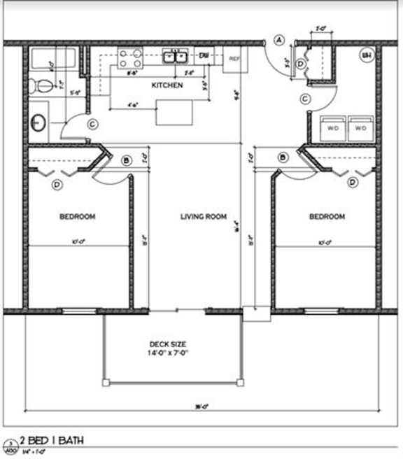 2 bedroom, 1 Bathroom Floorplan
