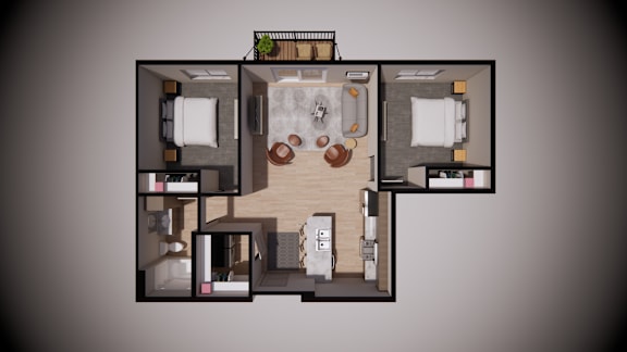 A 3D rendered image of a small apartment layout.