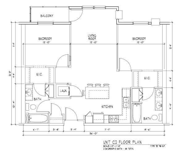 A floor plan of Unit C2 showing a living room, two bedrooms, a bathroom, a kitchen, and a laundry area.